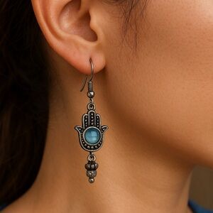 Hamsa Earrings dangle wire pierced 1” long